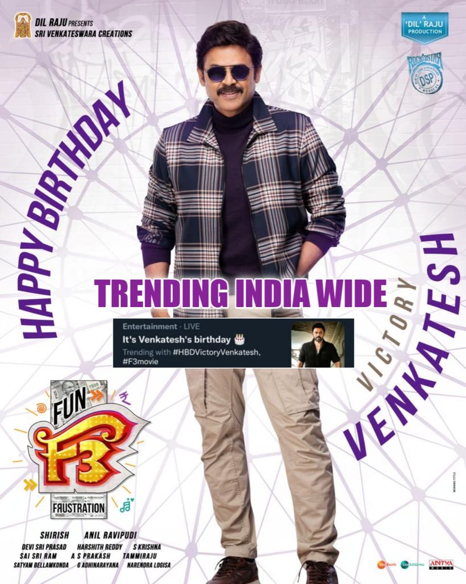 shreyasgroup's tweet photo. #HBDVictoryVenkatesh trending India wide with #F3Movie 🥳🥳

Here's the Special Birthday Video of @VenkyMama from @f3_movie 🎉
▶️https://t.co/pZOe5OIPqf

@IAmVarunTej @tamannaahspeaks @Mehreenpirzada @AnilRavipudi @Mee_Sunil @ThisIsDSP @SVC_official https://t.co/784xEZRgig