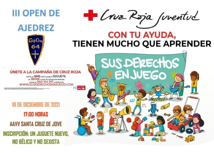 GijOn64oficial's tweet photo. El próximo domingo 19 de diciembre, a las 17 horas en el local de la AAVV de Jove, celebramos el III Open de Ajedrez "Sus derechos en juego" junto a @CruzRojaEsp. La inscripción es un juguete. ¡Apúntate en ajedrezgijon64@gmail.com y 649755718!
@AsturAjedrez @PDMGijon @montuero https://t.co/4YwzccpovA