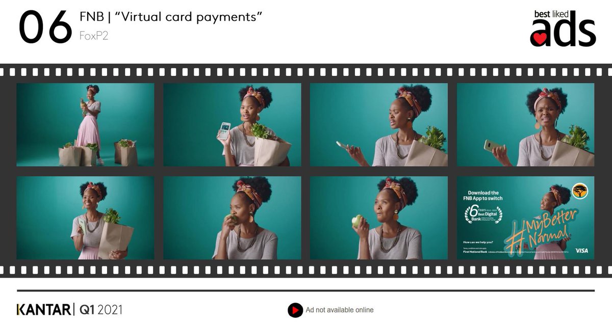 Kantar_AME's tweet photo. #MyBetterNormal 📲
@FNBSA’s #VirtualPayments by @FoxP2Design #FoxP2 is #6 in @Kantar_AME’s Top 10 #BestLikedAds of Q1 2021. 🥳
Read up on SA’s best liked TV ads of Q1 &Q2 2021 on @Bizcommunity: 👇🏾
https://t.co/fbtdKkvT22 🇿🇦❤️📺 https://t.co/kAXASAMfyb