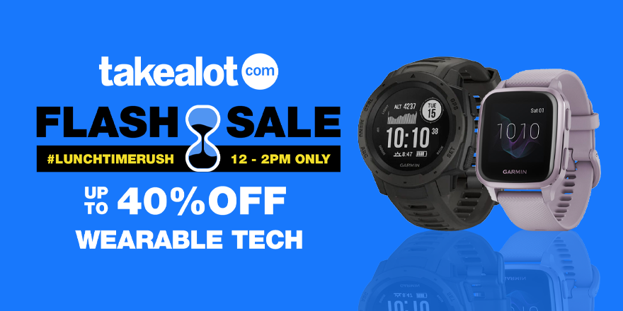 TAKEALOT's tweet photo. FLASH SALE ALERT🚨⏰
Set your alarm for 12h00 for today's #LunchtimeRush. SAVE up to 40% on wearable tech! VALID TODAY ONLY from 12H00 - 14H00. https://t.co/zchX7EHsNE