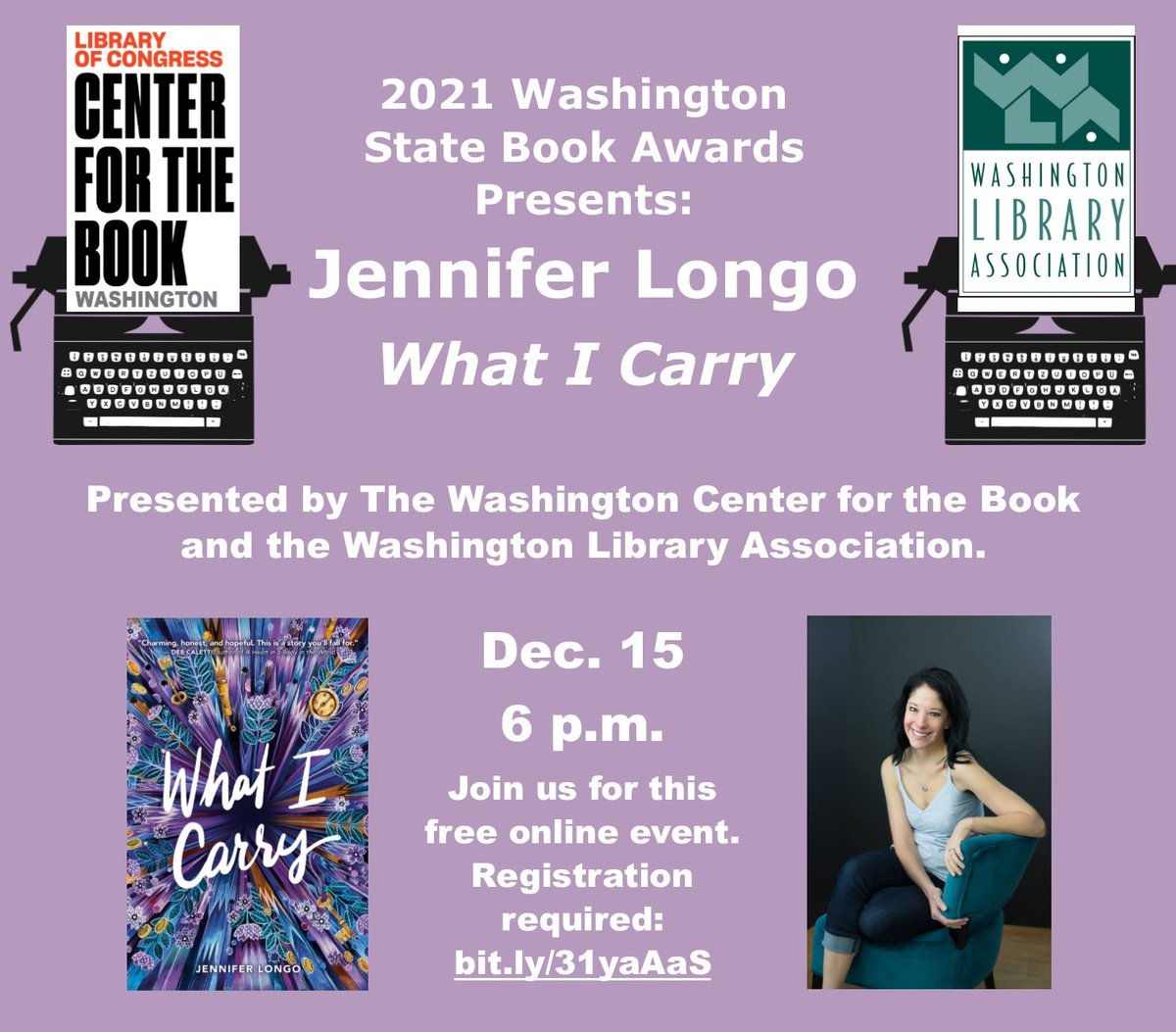 JenLiaLongo's tweet photo. 📖💜Wednesday! December 15th! Join me in coversation with @RoweReport for the @WAStateLib @SPLBuzz #WaStateBookAward #WhatICarry 💜📖 @LJBookie @saralibrarianOL 💜📖 https://t.co/8qJhqPegwA