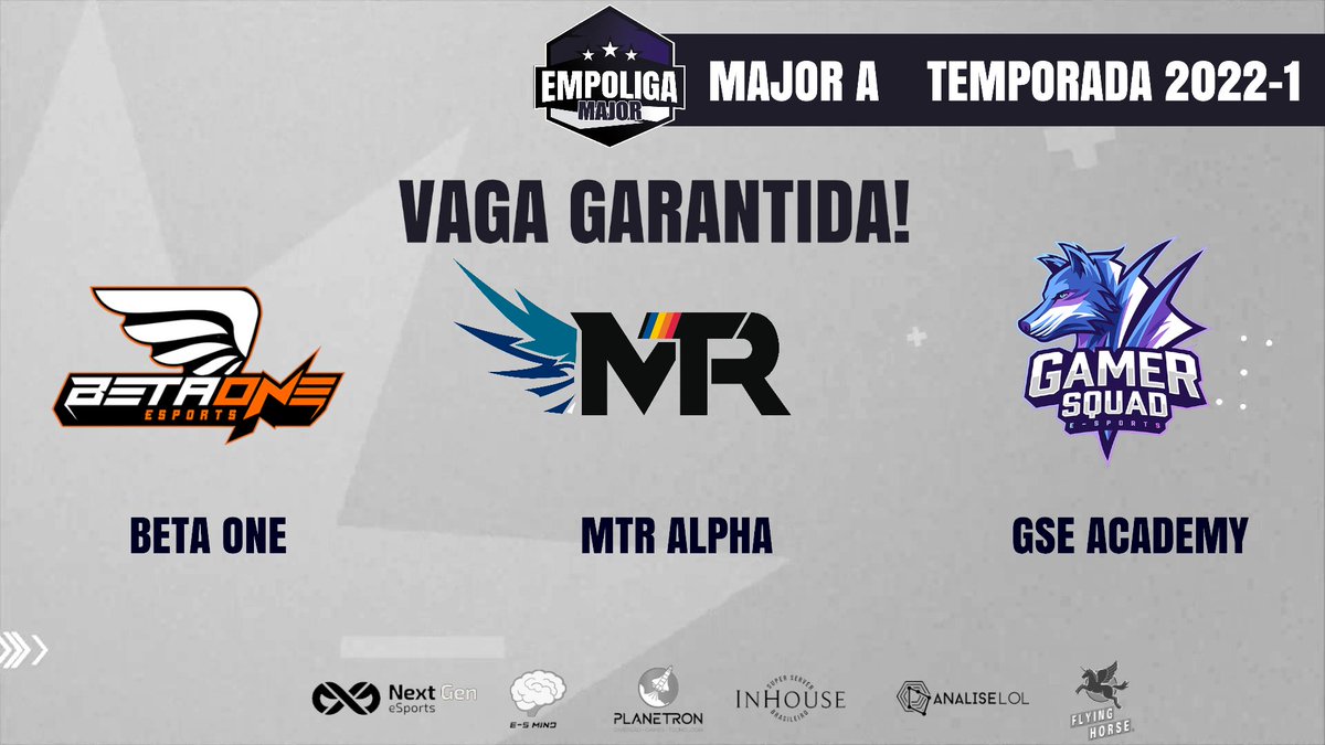 EmpoligaVP's tweet photo. Com os resultados da #CopaMajor até aqui, já temos definidas as 3 vagas da Major A para as melhores equipes que estavam na Major B!

@MTRGamingBR Alpha
@GamerSquadBRL Academy
@betaoneesports !

Bem vindos a Major A 2022-1! https://t.co/41EaTfPFA4