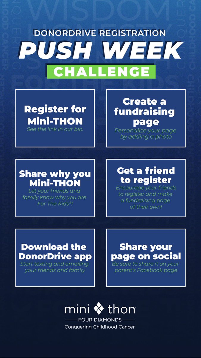 GSMiniTHON's tweet photo. Push week starts tomorrow!For push week (13th-17th) we are trying to get as many students registered on donor drive as we can. We’ll have raffles, four diamonds raffles for money put towards our Mini-THON, and a surprise if we reach our goal! Start registering tomorrow! #ftk https://t.co/D9IoORQC6n