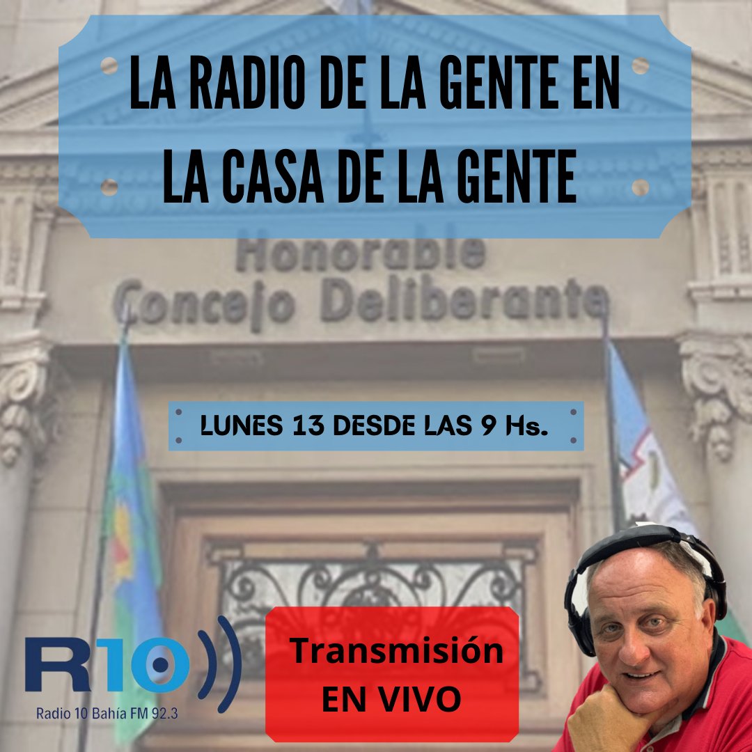 📆 ESTE LUNES 
🎙 Transmisión en vivo desde el @hcdbahia 
⏰ Desde las 8:45 Hs. 
📌 #Posturas 
📻 #Radio10Bahia 92.3 
👥 #LaRadioDeLaGente
