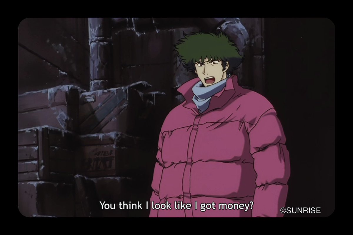 JoshKnight1st's tweet photo. Target out here selling the "You think I look like I got money?" jacket from #CowboyBebop rn. https://t.co/ylXhgN7JEV