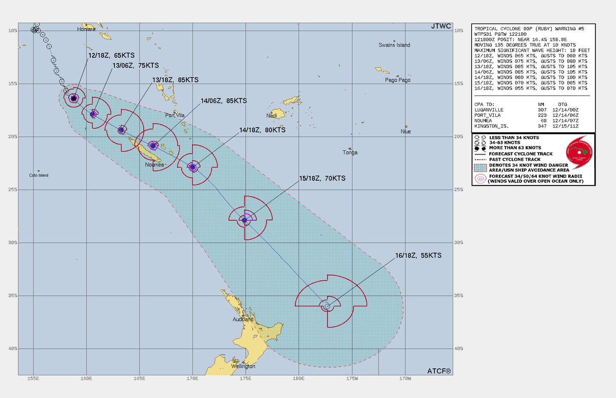 opplevelse's tweet image. Tropical #CycloneRuby (formerly Invest #93P) track per JTWC. 85kt (160 km/h) sustained winds over New Caledonia in about 1 days time ...