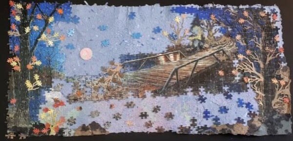 Autumn leaves blow over the moonlight bridge in this pretty scene created by WAVE artist, Milli Flaig Hooper.  For more of Milli's art check her page on our website at watchthewave.ca/flaig-hooper #waveartiststour #paperart #mbart #manitobaartist #madeinmanitoba #artgifts