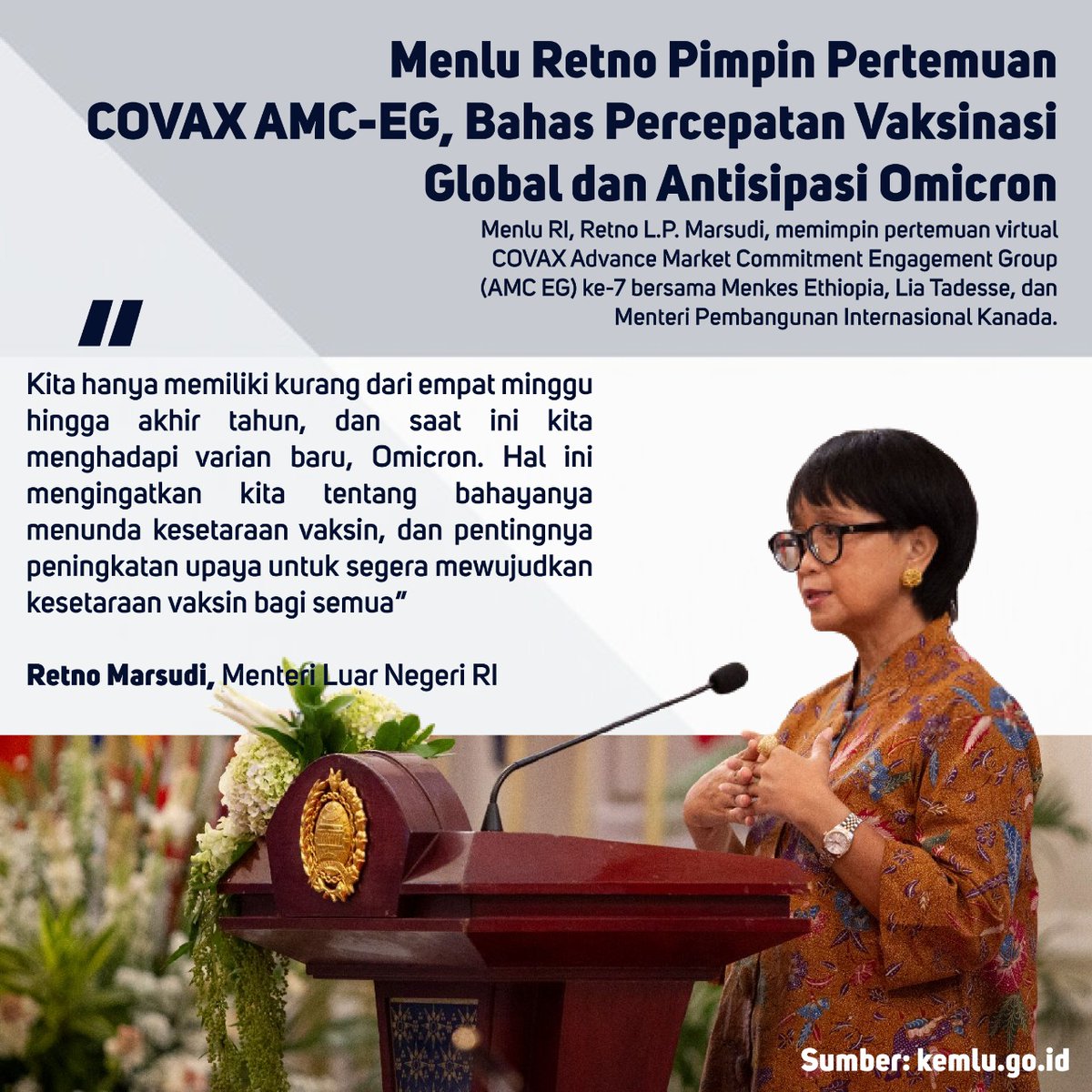 Iam_Chopp's tweet photo. Menlu Retno Pimpin Pertemuan COVAX AMC-EG, Bahas Percepatan Vaksinasi Global dan Antisipasi Omicron 

#KemluRI https://t.co/Ozo7cXxidm