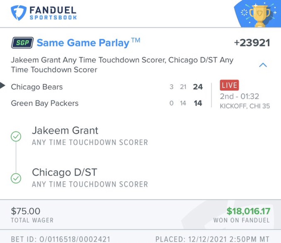 Pickswise's tweet photo. $75 ➡️ $18,016.17

This bettor has to be from the future… right?

(via @Cakes_Voice | @FDSportsbook) https://t.co/FWCLEbeXUX