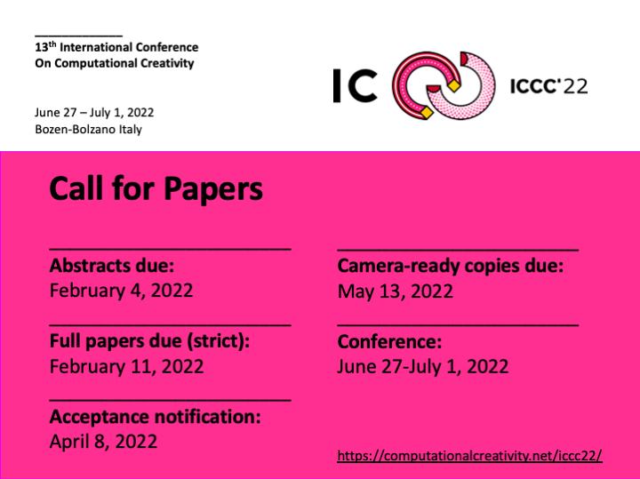#iccc22 Call for papers. More info: computationalcreativity.net/iccc22/full-pa…  #computationalcreativity #computerscience #computers #creativitymatters #creativecoding #creativity