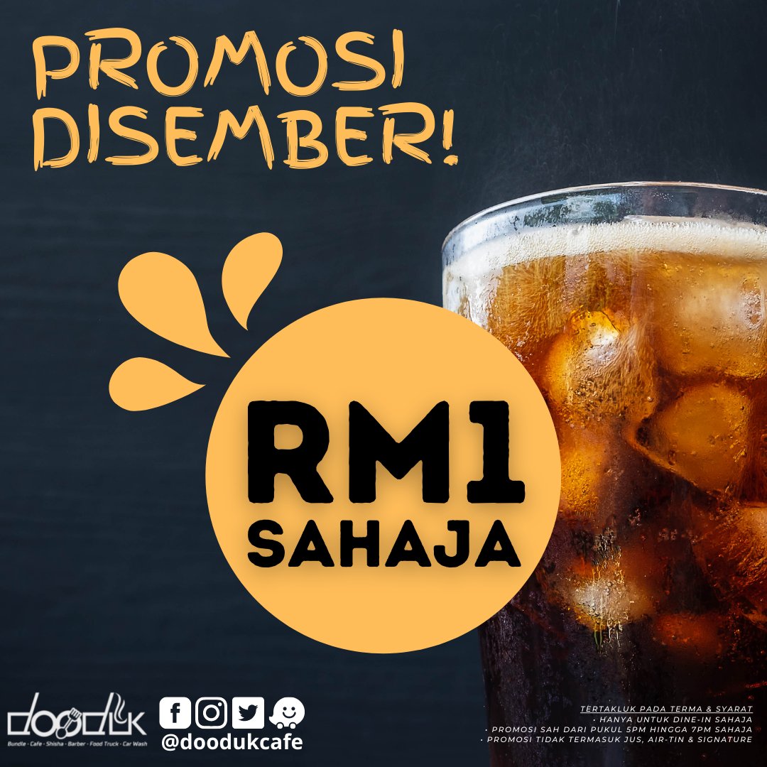 doodukcafe's tweet photo. Asal hujung tahun je mesti habis duit kan? 🤑 Jadi kali ini @doodukcafe nak belanja korang dengan Promo Disember kami which is 'AIR RM1' sahaja! 🧋😱 Tak percaya? #jomdooduk dulu untuk tahu dengan lebih lanjut. ✨ 

(Tertakluk pada terma &amp; syarat)

Lokasi: TTDI Jaya, Shah Alam U2 https://t.co/wd8CfbG6RG