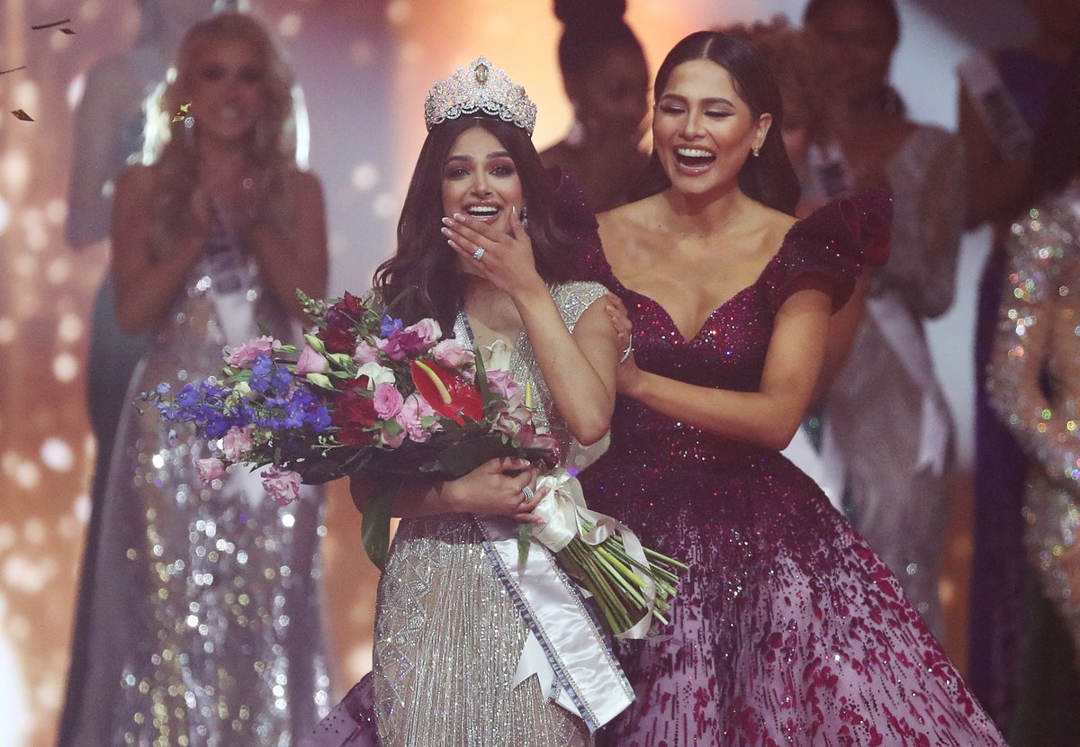 timesofindia's tweet photo. India's #HarnaazSandhu crowned #MissUniverse2021 

The other two top honours went to Miss Paraguay 2021 Nadia Ferreira, who was declared first runner-up, followed by (country) 2021 Lalela Mswane, who was adjudged second runner-up.
 https://t.co/wbPVHpDc28 https://t.co/72eNRUaqeM