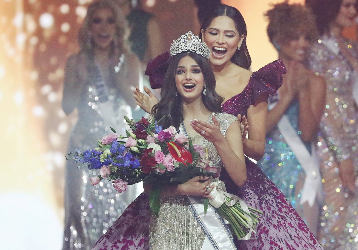 timesofindia's tweet photo. India's #HarnaazSandhu crowned #MissUniverse2021 

The other two top honours went to Miss Paraguay 2021 Nadia Ferreira, who was declared first runner-up, followed by (country) 2021 Lalela Mswane, who was adjudged second runner-up.
 https://t.co/wbPVHpDc28 https://t.co/72eNRUaqeM