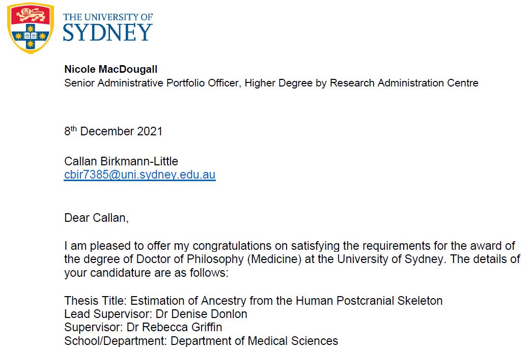 DrCallan_Bones's tweet photo. I have officially been awarded my PhD (Medicine) in forensic anthropology from @Sydney_Uni 
Such an exciting adventure in research and I can't wait for what's next!
#phd #thesis #ForensicAnthro https://t.co/JyMVVtDbjN