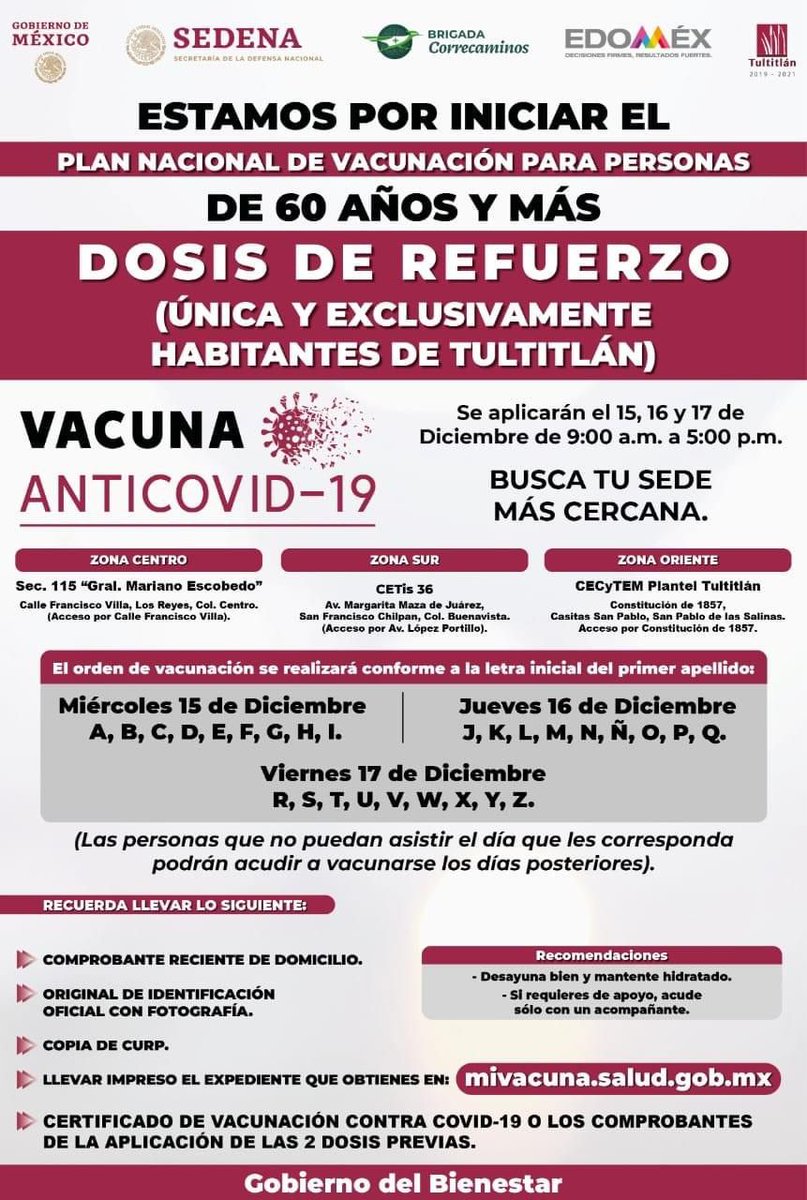 ElenaGarciaMtz_'s tweet photo. Este 15, 16 y 17 de diciembre se aplicará una tercera dosis de la vacuna contra el #COVID19 a adultos mayores en Tultitlán. 
Ubica la sede más cercana a tu domicilio. https://t.co/ZyBrFk6BKu