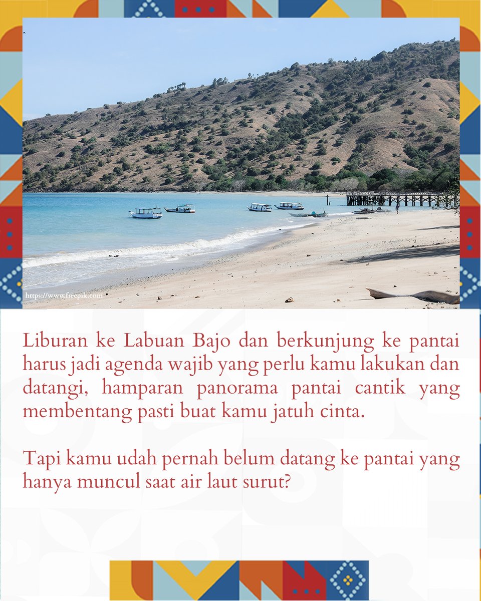 bpolbf's tweet photo. Jalan-jalan ke pantai atau pulau sih udah biasa tapi udah pernah belum berkunjung ke pulau yang hanya muncul saat air laut surut? 

Kenalin nih, Taka Makassar, pulau timbul yang masih berada dalam Kawasan Taman Nasional Komodo yang perlu jadi salah satu bucket list liburan kamu. https://t.co/e580KkOBAD