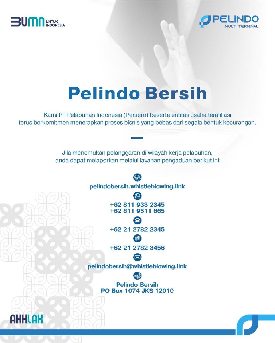 PelindoSPMT's tweet photo. #PortLovers, PT Pelabuhan Indonesia (Persero) terus berkomitmen untuk menerapkan proses bisnis yang bebas dari segala bentuk kecurangan.
Yuk, dukung terus Pelindo Bersih untuk Pelabuhan Indonesia yang lebih baik!
#PelindoBersih
#Pelindo
#BUMNUntukIndonesia https://t.co/g90UIG9w6d