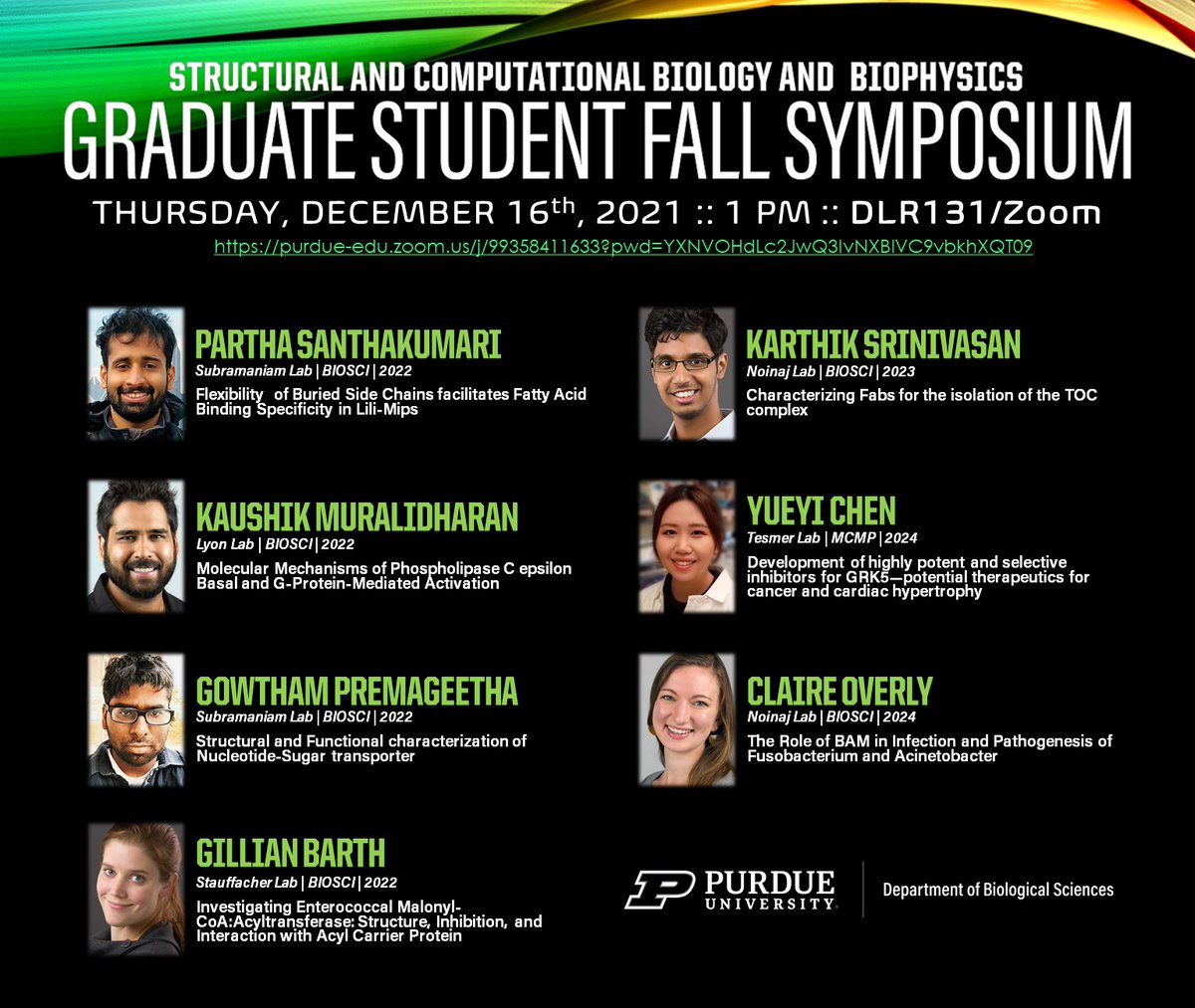 Join us this Thursday at 1 PM for our Fall 2021 @PurdueSCBB Grad Student Symposium! Please support our students (in-person or virtually) as they present their exciting research!