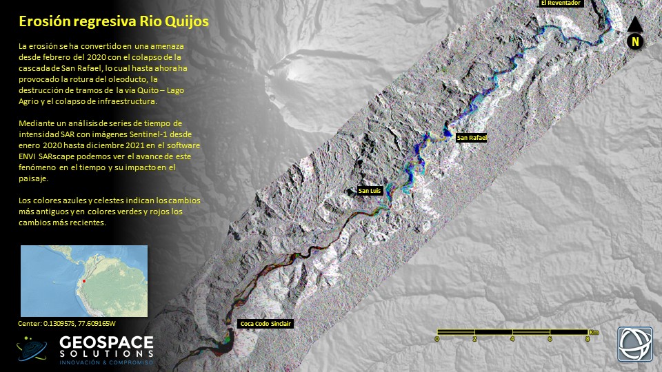GeoSpaceSol's tweet photo. La #erosiónregresiva sobre el #RioQuijos se ha convertido en una amenaza que ha provocado la destrucción de varias infraestructuras
Mediante series de tiempo #SAR en #ENVI #SARscape a partir de imágenes #Sentinel-1 podemos ver el avance de este fenómeno y su impacto en el paisaje https://t.co/mUv9t8YPPv