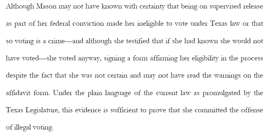 KCOLELAW's tweet photo. 15/ Second Court of Appeals was in error by ruling that although @TarrantCountyDA did NOT prove that Crystal KNEW that she was not eligible to  vote, doing so was not necessary for a conviction.  This is one reason why this case was further appealed. https://t.co/aoRhb4rUSz