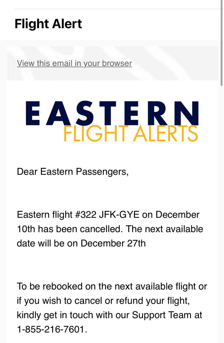 ivanend's tweet photo. @goeasternair @goeasternair can somebody provide transparency on your flights?

thousands of users affected in December

cancel flights without another close date of solution, more than 15 days and WITHOUT COMPENSATION 

@Iata @JFKairport @Aeropuerto_AAG 
@AviacionGYE @AviacionEcuador https://t.co/GEcHPlgqEn