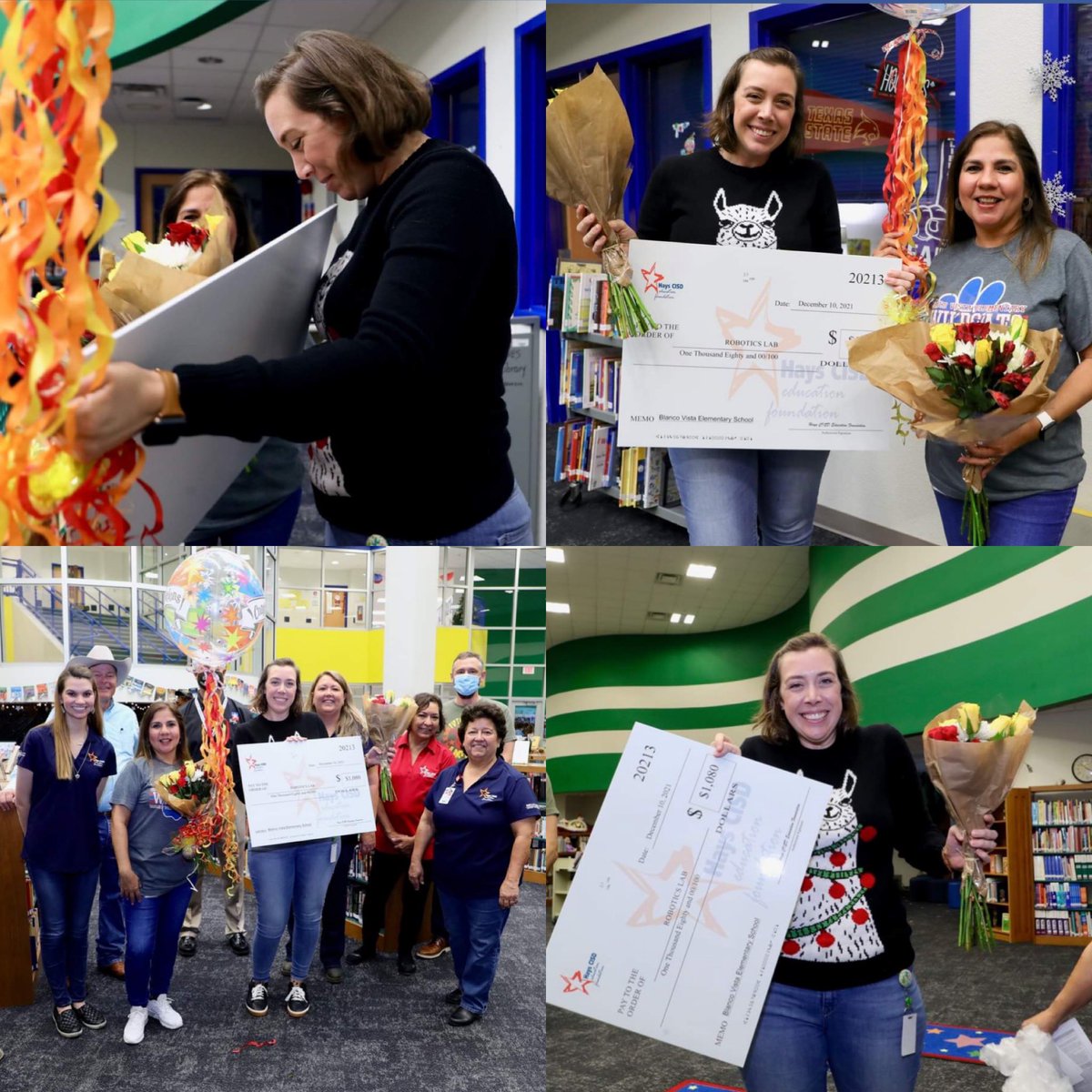 Third time I’ve won a grant in this exact sweater. Grant day is ALWAYS on Ugly Sweater Day. 🤣🤣🤣 Thank you <a href="/HaysEF/">Hays EF</a> for making student dreams come true. ❤️ #hayslib