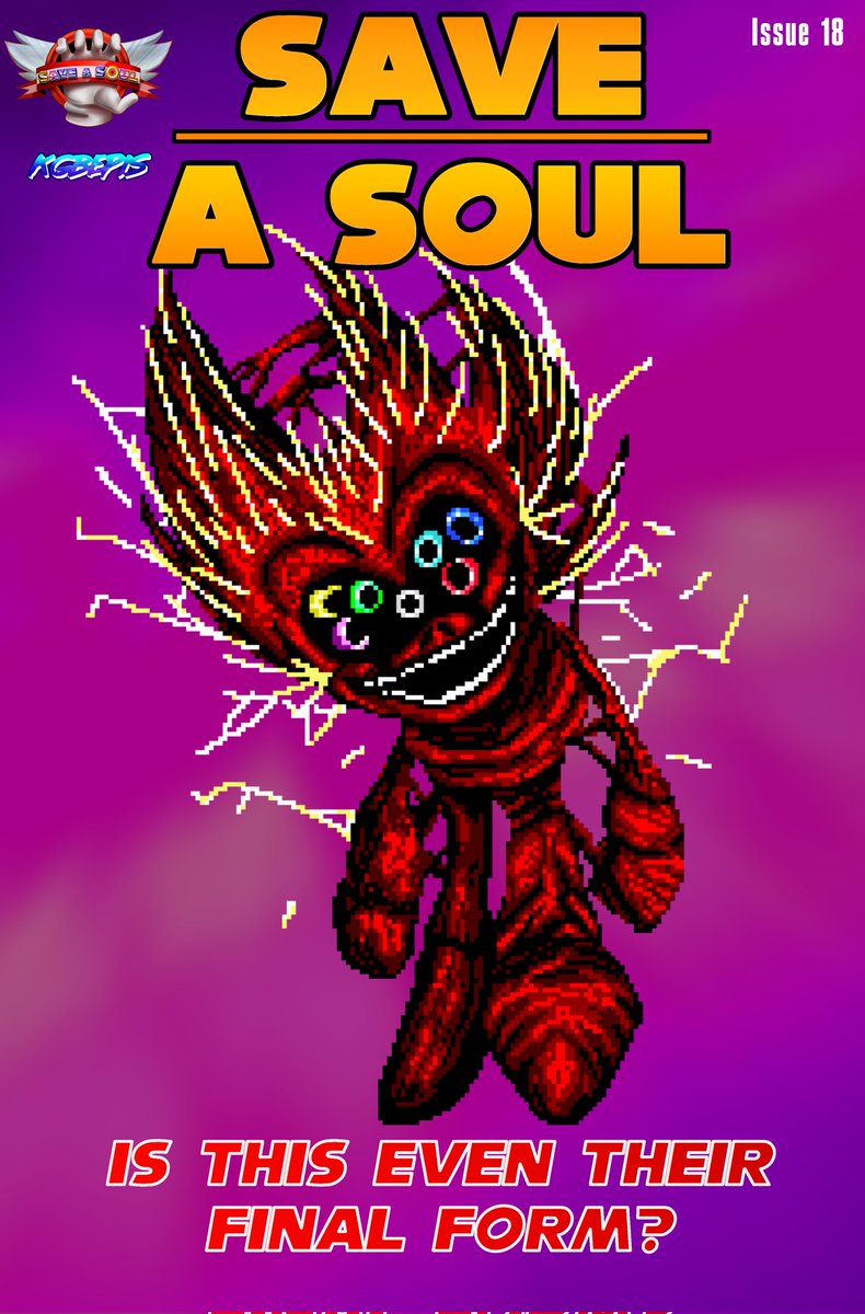SaveASoulEvent's tweet photo. [#SAVEASOULART CHALLENGE 4]

For the final challenge, your EXE has acquired all 7 Chaos Emeralds (how they do this is your call). Design their Super Form, and for bonus points, how doomed is the world, universe, or even Multiverse??

(Thanks to @KubiCorg for Super Meathog!) https://t.co/BI7VdTq962