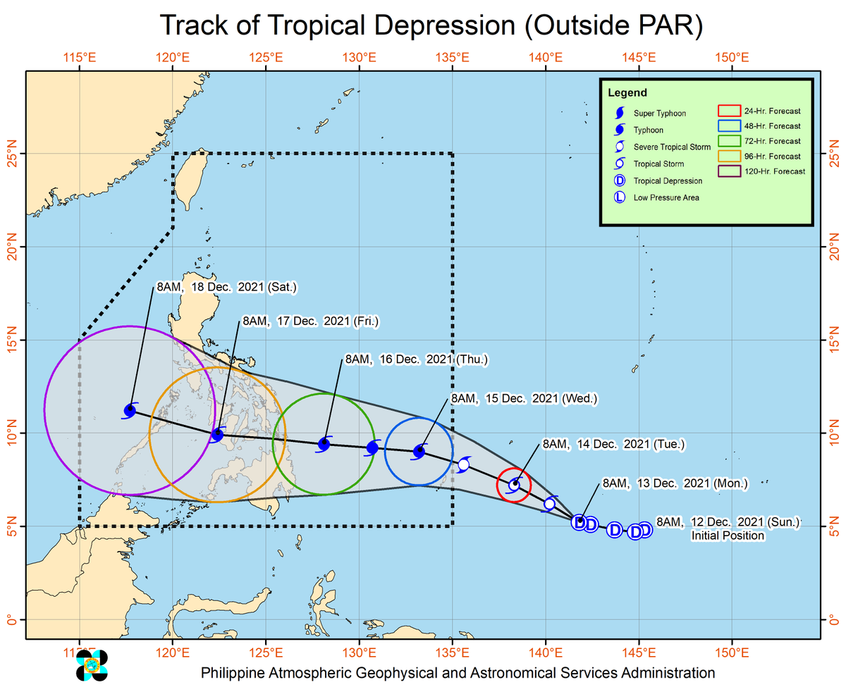 dost_pagasa's tweet photo. TROPICAL CYCLONE ADVISORY NO. 3
Tropical Depression
Issued at 11:00 AM, 13 December 2021
Valid for broadcast until the next advisory at 11:00 PM today.

THE TROPICAL DEPRESSION OUTSIDE P.A.R. MAINTAINS ITS STRENGTH AS IT CONTINUES TO MOVE WESTWARD.

Link: https://t.co/llnUSYl1B8 https://t.co/HRwOrSxtLi
