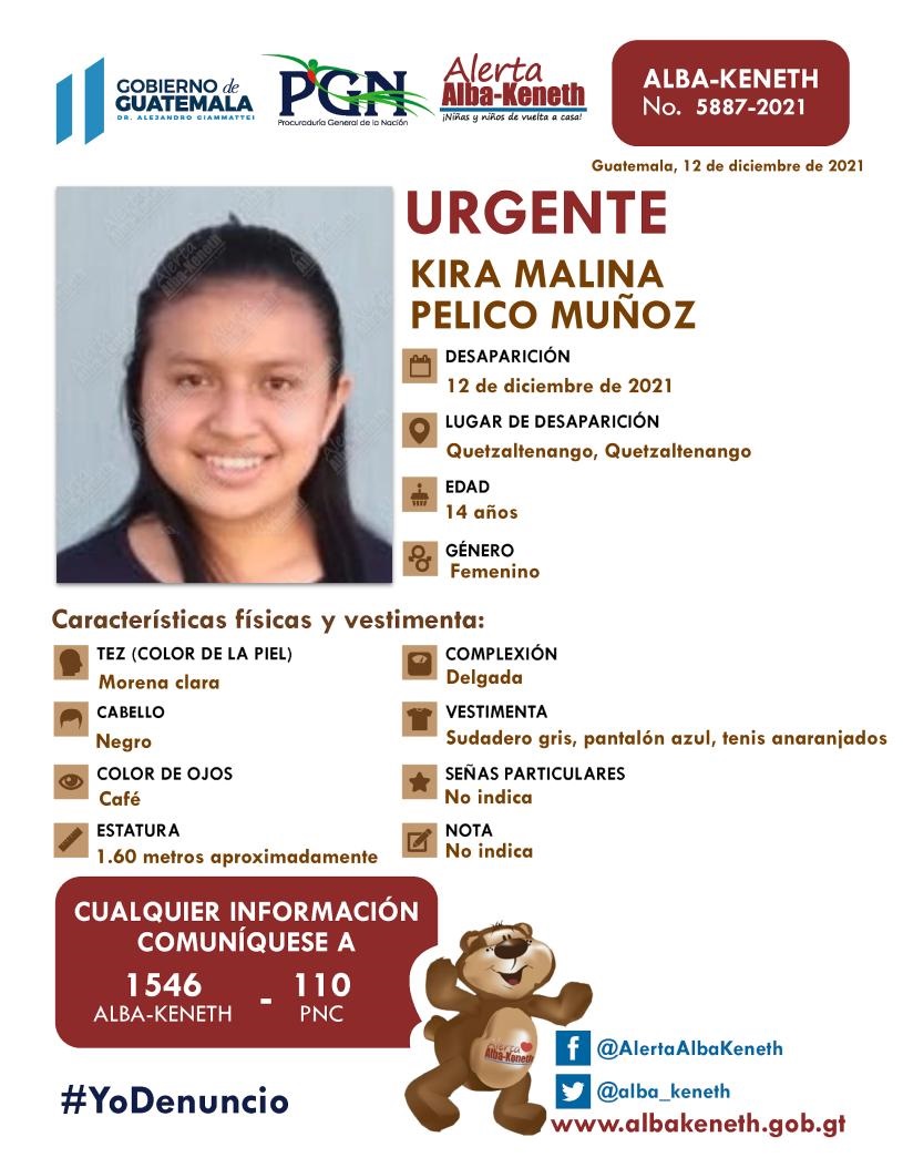 #AlertaAlbaKeneth ⚠ | Kira Malina Pelicó Muñoz de 14 años de edad. Desapareció el 12 de Diciembre de 2021, en Quetzaltenango, Quetzaltenango.

🔄Comparte y ayúdanos con su localización.
📞Si tienes información llama al 1546