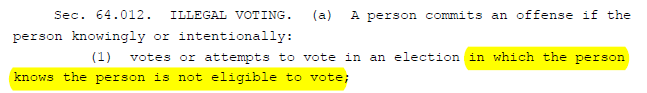 KCOLELAW's tweet photo. 16/ Crystal was convicted under Texas Election Code 64.012(a)(1) which specifically states that a person commits an offense if a "person votes in an election in which the person KNOWS the person is not eligible to vote.” In direct conflict, the court upheld Crystal's conviction. https://t.co/ZdVWftgYFp