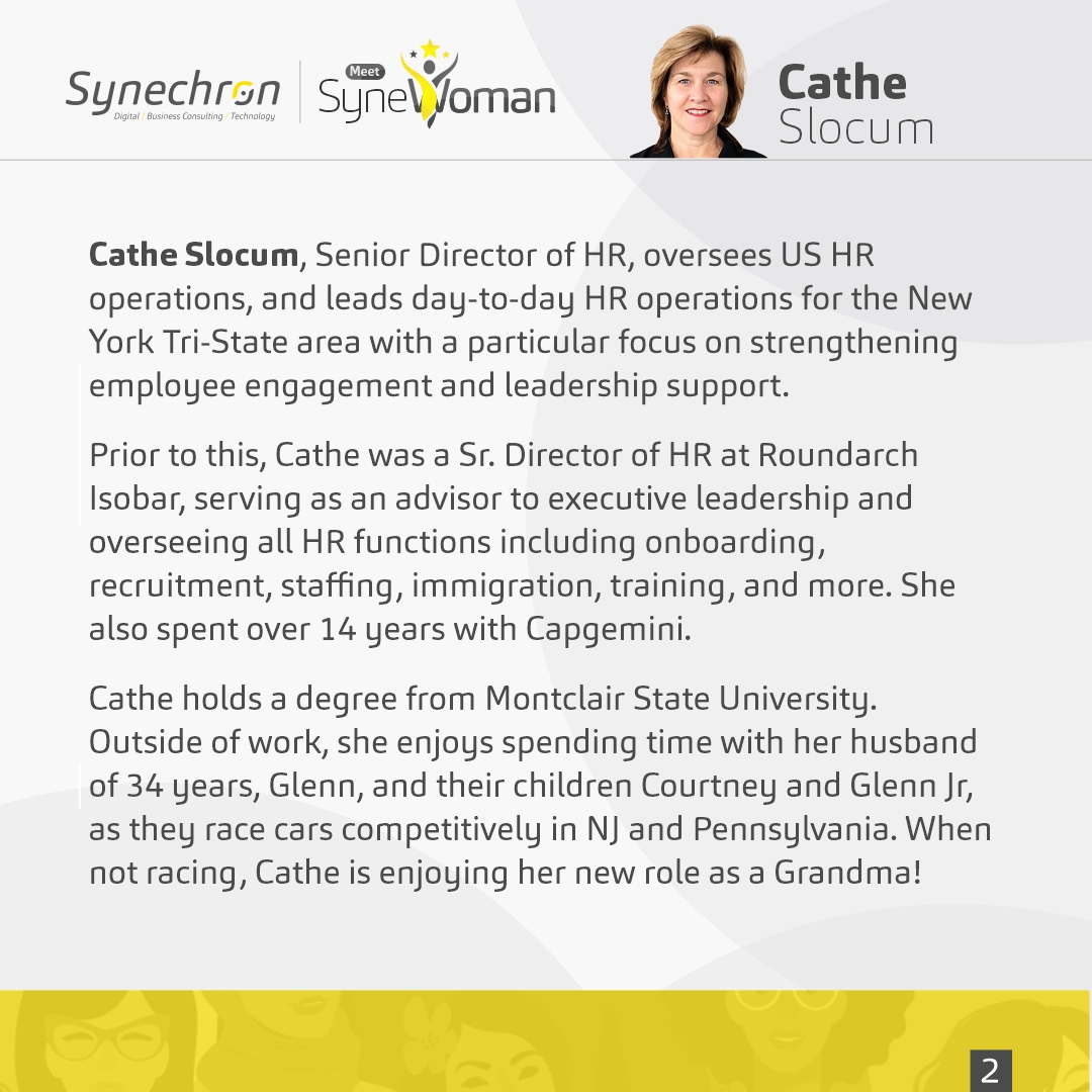 Synechron's tweet photo. We are grateful for each fabulous #SyneWoman who contribute to #Synechron’s success. Meet Cathe Slocum, our Senior Director – Human Resources in New York. This new grandma works across our Tri-state region to strengthen employee engagement. Learn more here: https://t.co/5rZUkEIuZs