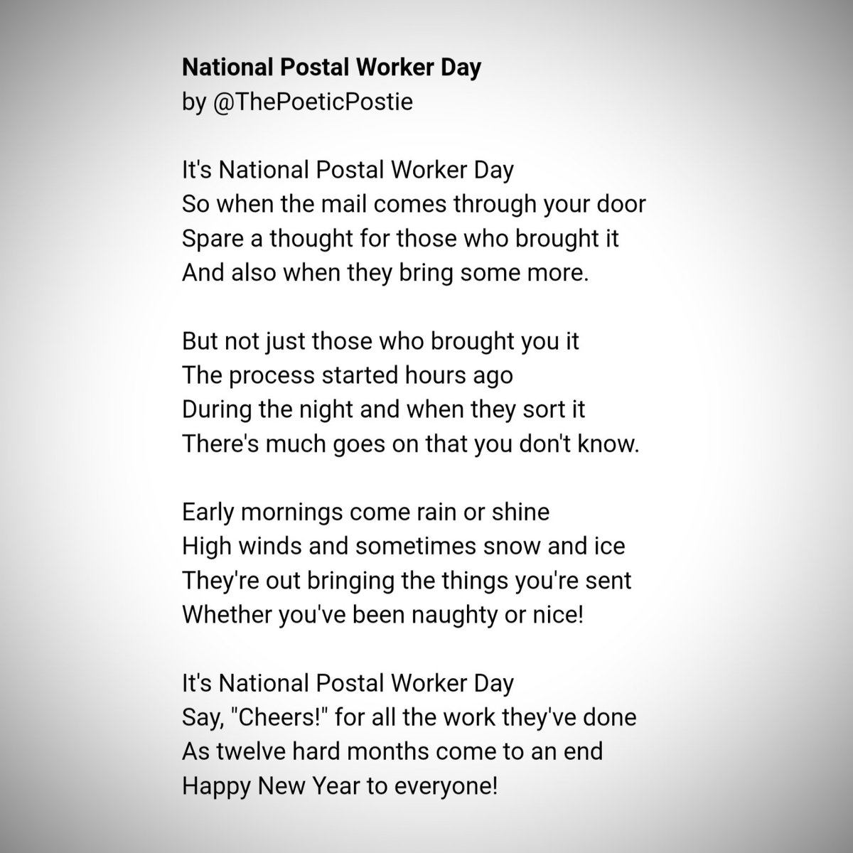 A #poem for #PostalWorkersDay 
<a href="/CWUnews/">CWU</a> <a href="/RoyalMail/">Royal Mail</a> #postie #POEMS #poetry #poetrycommunity #WritingCommnunity #amwriting