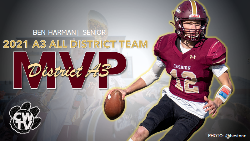 CONGRATULATIONS!  BEN HARMAN!
OVERALL 2021 DISTRICT A3 MVP
<a href="/cashionfootball/">Cashion Football</a> <a href="/Cam_Jourdan/">Cameron Jourdan</a> <a href="/bestone/">Brad Stone</a> <a href="/BenjaminHarman5/">Benjamin Harman</a>