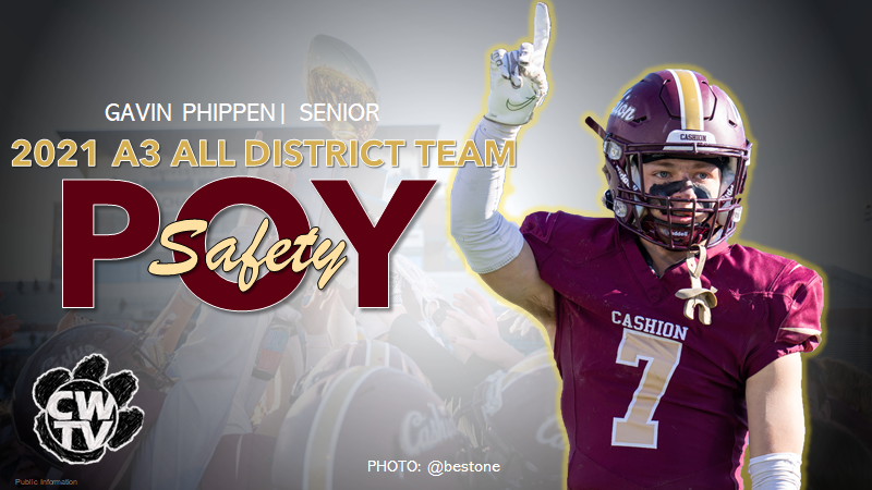 CONGRATULATIONS!  GAVIN PHIPPEN 
2021 DISTRICT A3 
PLAYER OF THE YEAR- SAFETY
<a href="/cashionfootball/">Cashion Football</a> <a href="/Cam_Jourdan/">Cameron Jourdan</a> <a href="/bestone/">Brad Stone</a> <a href="/Gphip7/">Gavin</a>