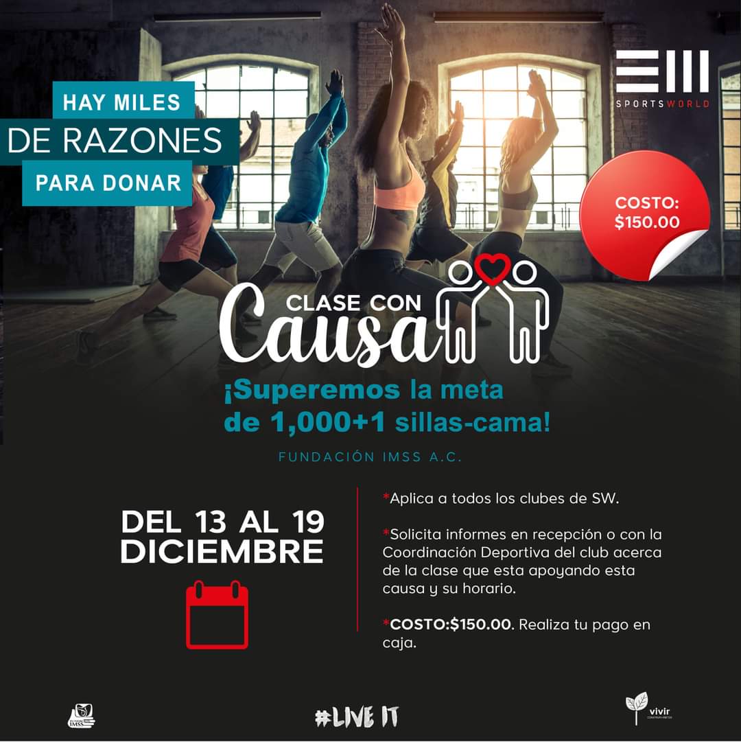 Pon tu granito de arena y participa en la clase con causa del 13 al 19 de diciembre, acércate a la recepción de tu club para conocer más.