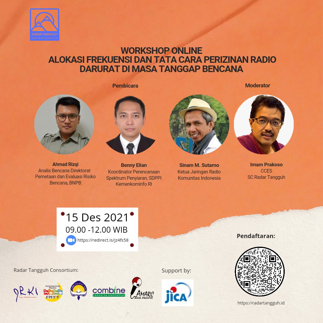 Workshop Online "Alokasi Frekuensi dan Tata Cara Perizinan Radio Darurat di Masa Tanggap Bencana" dengan narasumber dari BNPB, Kemkominfo, dan JRKI

Daftar melalui link berikut:
bit.ly/3GBj54i

#DRR #webinar #DRRradio #webinarPRB #DRRwebinar #radiodarurat #radiokomunitas