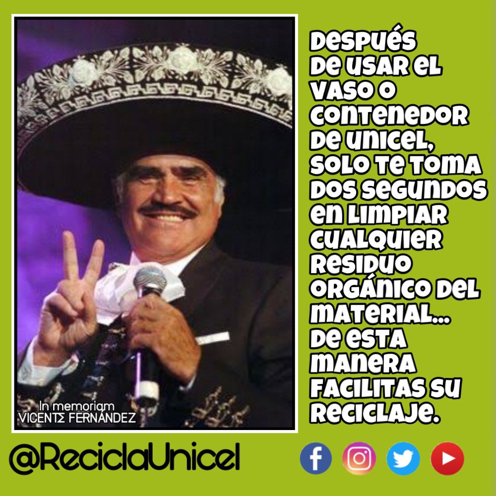 reciclaunicel's tweet photo. IN MEMORIAM - VICENTE FERNÁNDEZ
Descanse en Paz este ídolo de multitudes e icono de la canción vernácula... actor, cantante, pero ante todo Charro.
Hasta pronto Chente, buen viaje.
#EPS #unicelsíserecicla #unicel #yosireciclo
#reciclaje
#VicenteFernández #nodejendeaplaudir https://t.co/I5NbqT9Svi