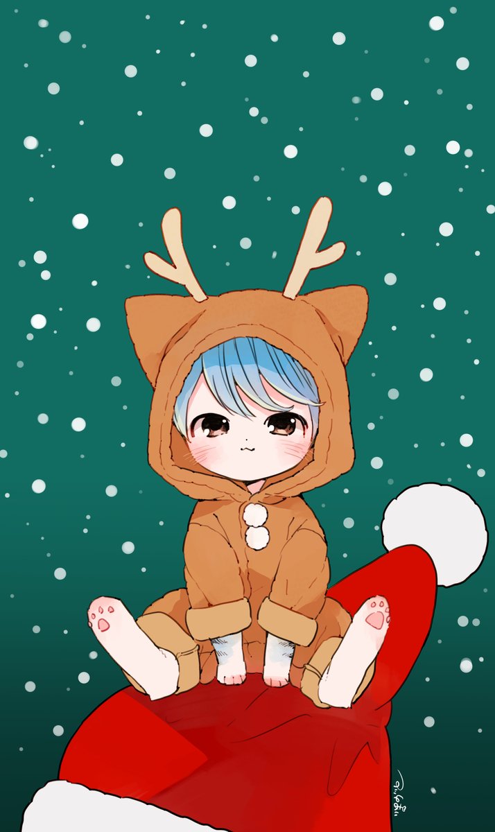 animal costume solo blue hair reindeer costume looking at viewer hood christmas  illustration images