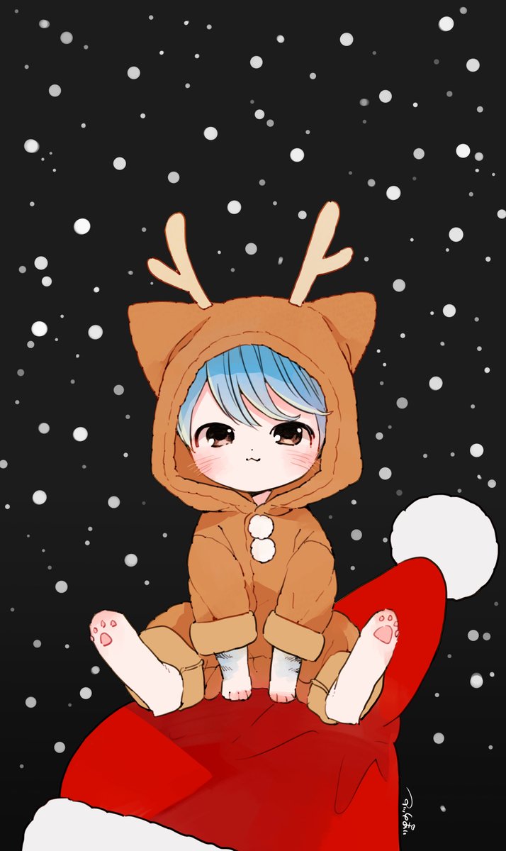 animal costume solo blue hair reindeer costume looking at viewer hood christmas  illustration images