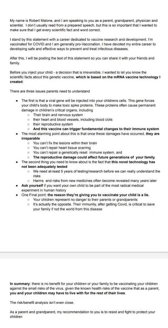 This is directly from Dr. Robert Malone. <a href="/RWMaloneMD/">Robert W Malone, MD</a>. It is imperative that you read and share. Especially if you have children and grandchildren.