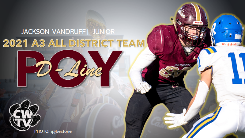 CONGRATULATIONS!  JACKSON VANDRUFF
2021 DISTRICT A3 
PLAYER OF THE YEAR- DEF LINE
<a href="/cashionfootball/">Cashion Football</a> <a href="/Cam_Jourdan/">Cameron Jourdan</a> <a href="/bestone/">Brad Stone</a> <a href="/Jackson99247504/">Jackson</a>