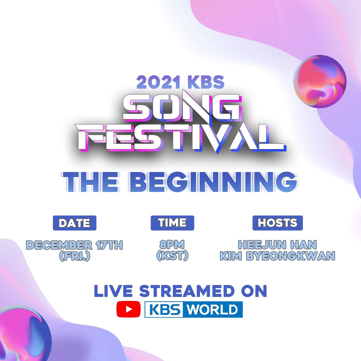 KBSWorldTV's tweet photo. Before the splendid opening of the 2021 Song Festival, the talk show, THE BEGINNING, is here to greet you. We will revisit all the K-POP artists' moments and songs that were loved over the past year.

#2021SongFestival #KBSWORLD #KBSWORLDTV https://t.co/3DeMCzH6TS