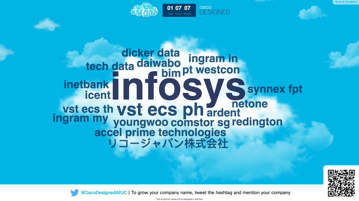CiscoPartnersAP's tweet photo. The final Cloud Logo wall update before #CiscoDesigned Partner Digital Conference! Remember to tweet or retweet using the event hashtag #CiscoDesignedAPJC and #<yourcompanyname> to make your company the biggest in the cloud. View the cloud status here ➡️ https://t.co/d1oUiGYfrs https://t.co/Ieuiq5CAVN