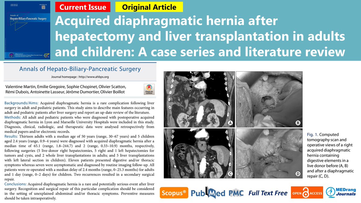 Journal_AHBPS's tweet photo. Acquired diaphragmatic hernia after hepatectomy and liver transplantation in adults and children
https://t.co/aVXlYsniXV
Ann Hepatobiliary Pancreat Surg 2021; 25(4) Olivier Boillot, et al.
#Pancreatic_neoplasms #Neoadjuvant_therapy #Pancreatectomy #Patient_selection #Biomarkers https://t.co/PQrD31995y