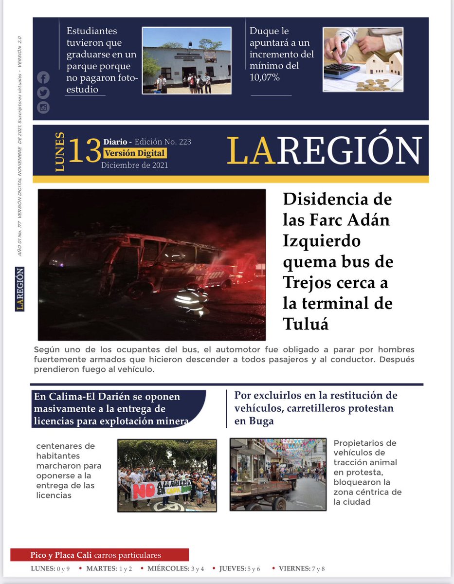 RegionDiario's tweet photo. DIARIO LA REGIÓN Lunes 13 diciembre. Disidencia de las FARC quema bus en Tuluá #Tulua #Buga https://t.co/RU7g6RSMS2 https://t.co/NJxOmgL4aY