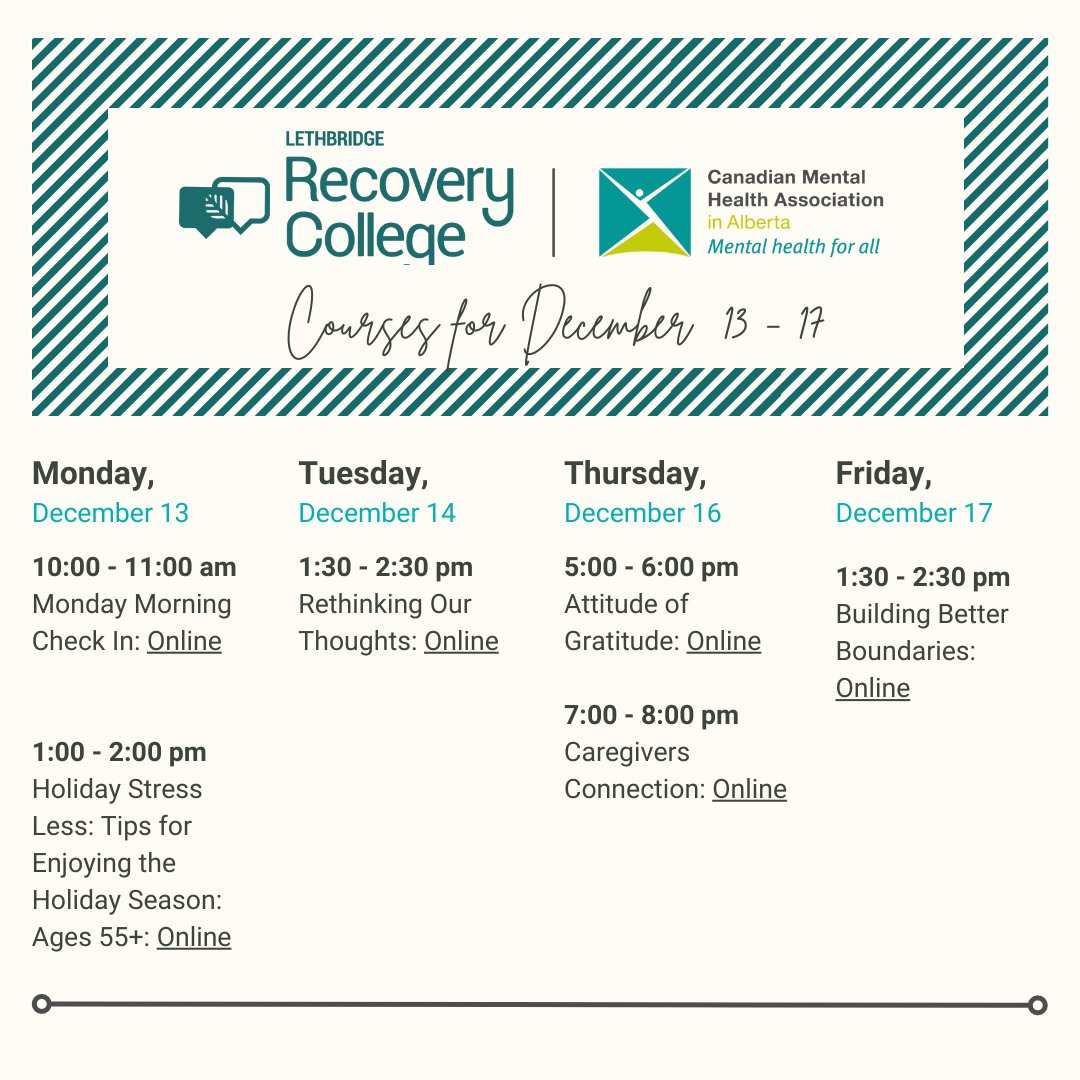 Check out this week's #recoverycollegelethbridge courses! Sign up any time on our website (link in bio)!

#yql #lethbridge #mentalhealth