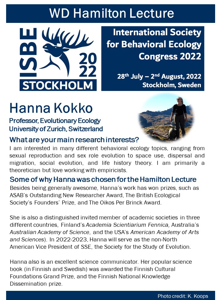 ISBE2022's tweet photo. Are you ready? We are! ISBE is pleased to announce that Hanna Kokko will be giving the WD Hamilton lecture at #ISBE2022 in Stockholm Sweden. @kokkonutter https://t.co/AKNobfDm9h