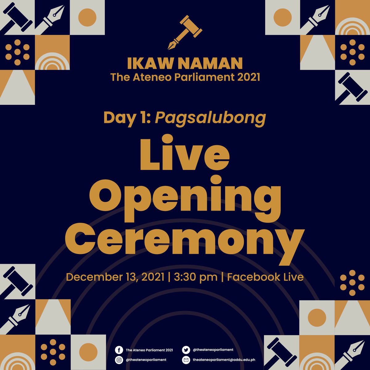theateneopar's tweet photo. Ateneans, are you excited to meet a new set of student leaders? ✨

This 3 PM, the Delegates will convene at Ikaw Naman: #TheAteneoParliament 2021 to kickstart their leadership journey. 

Tune in for the Live Opening Ceremony via our FB Page: https://t.co/7NzjN7Wgyq 📣 #IkawNaman https://t.co/M0SbCyR9BL
