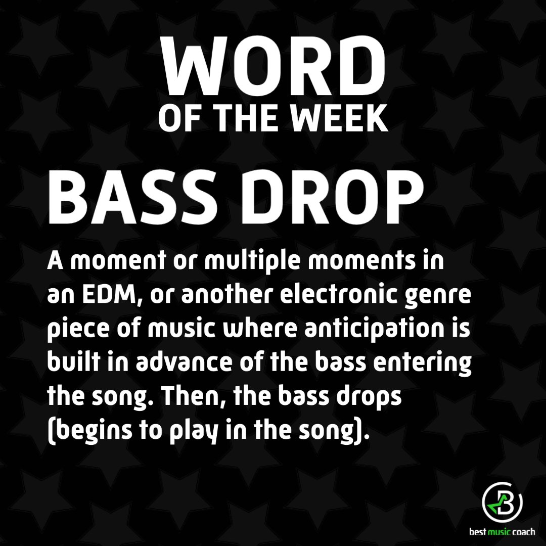 Vgmcomposer's tweet photo. Bass Drop. A moment or multiple moments in an EDM, or another electronic genre piece of music where anticipation is built in advance of the bass entering the song. Then, the bass drops (begins to play in the song). https://t.co/n6gQBbNmqV